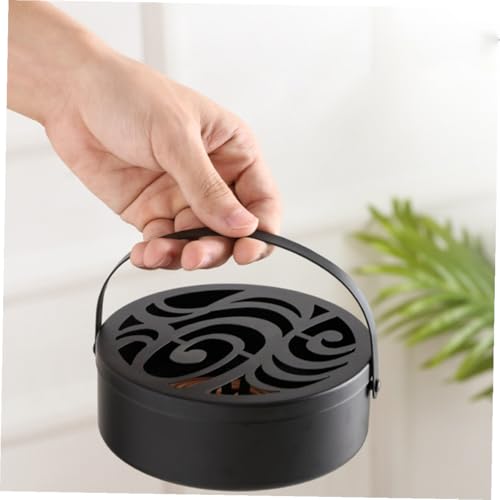 MUELODSIC 携帯用ポータブル蚊香ホルダー 蓋付き鉄製蚊遣り箱 黒色祥云模様 内蔵スタンド付き 設計 キャンプや屋内使用に適した蚊取り線香ケ