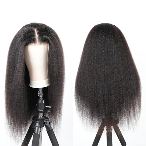 Perücke Echthaar für Damen Yaki Straight Glueless Wig Human Hair 4x4 Lace Wig Yaki Perücke Damen Echthaar Geschenk für Sie 28 Zoll Natürliche Schwarze Perücke – Bild 3
