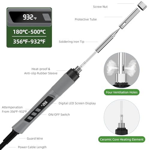 Soldering Iron Kit, 190W Soldering Gun, 110V LED Solder Kit for Electronics, Adjustable Temperature 356-932℉, Includes Solder Wire, Sucker, 10 Tips, Stand, Tweezers, Paste and Solid Wood Box, White - Thumbnail 3