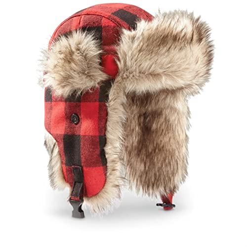 Guide Gear Men's Faux Fur Trapper Hat With Ear Flaps, Warm Winter Ushanka Eskimo Trooper Aviator Russian Snow Hunting Hats For Cold Weather, Buffalo Plaid, M/L #TOP30