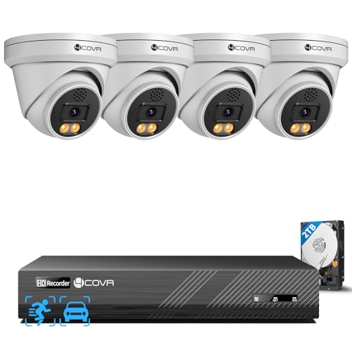 4COVR CCTV Camera Systems 5MP PoE, 2 Way Audio, Smart Color Night Vision, Human Vehicle Detection, 4X 5MP Security Dome IP Camera IP67 Outdoor, 8CH 4K NVR 2TB for Home 24/7 Recording, ELY97KA5M0804