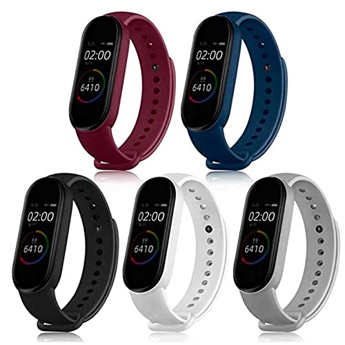 Pacote Kit 5 Pulseiras Extras Cores Vivas Silicone Compatível com Mi Band 7 (Vinho+Azul+Preto+Branco