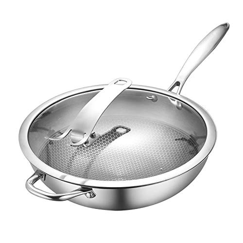 Sartén antiadherente de acero inoxidable de 34 cm sin revestimiento para cocina de inducción de gas, olla de cocina doméstica para cocina, duradera y eficiente