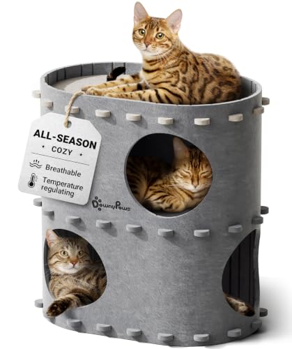 DownyPaws Cat House for Indoor Cats, 2-Storey Foldable Cat Bed Cave, Felt Cats Tunnel Bed Condo, Castle Kitten Cube Hideaway for Multicats, Scratch Resistant, Light Gray