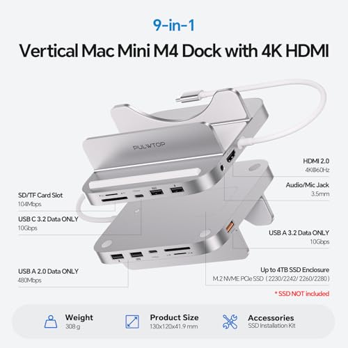 Image of Mac mini M4 Dock & Stand with M.2 NVMe 8TB SSD Enclosure, Macmini M4 Hub with HDMI 4K 60Hz, 3 USB-A 10Gbps for Mac mini M4 /M4 Pro 2024 (Mac mini M4 Dock)