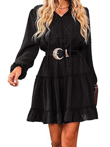 CUPSHE Women's Casual Dress Flounce Drawstring Long Sleeve Dress V-Neck Without Belt Loose Party A-Line Cocktail Mini Dress Black L