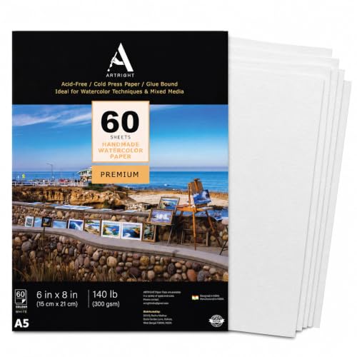 Image of ArtRight Artists Watercolor Paper (A5 Pack of 60 Sheets, 300 GSM); Handmade Watercolour Paper for Artists