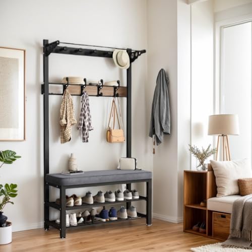 Rack de manteau en métal robuste avec banc de rangement intégré