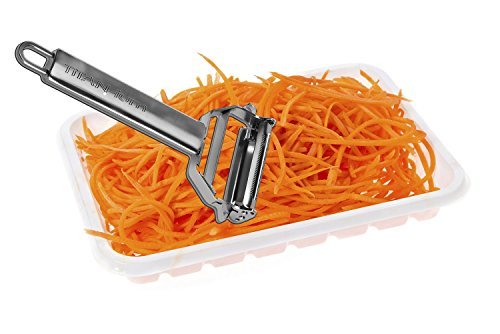 Best Julienne Vegetable Peeler Set Peels Potato Pineapple Carrot Apple Stainless Steel Paleo Kitchen Tool and Better than Titan or Rotato Squash and More Lifetime Guarantee Julianne Juliene Julliene Jullienne Now with FREE Spiral Peeler Included by. TiTAN - ium