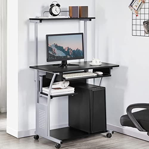 Miniatura 2 de Yaheetech Mesa De Ordenador Con Ruedas 80x50x132cm Mesa De Trabajo Móvil Escritorio Con Estantería Bandeja Para Teclado Para Estudio Casa Oficina Negro