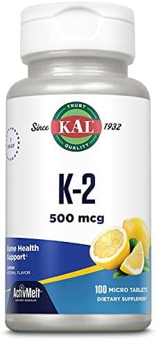 KAL Vitamin K2 500 mcg, Bone, Heart and Artery Health Supplement as Vitamin K2 MK4, Bone Strength and Cardiovascular Function Support, Natural Lemon ActivMelts, Vegetarian, 100 Serv, 100 Micro Tablets