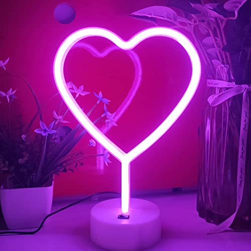 Image of JYWJ Neon Signs with Holder Base,USB or 3-AA Battery Powered Neon Light,LED Desktop Wall Decoration,Various Parties,Decoration of Business Premises(Heart)