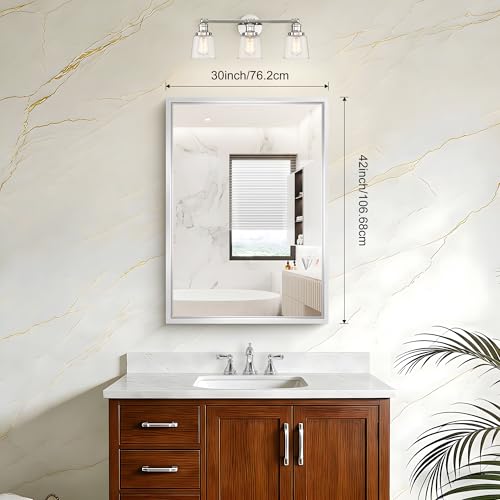 Image of 42x30 Silver Bathroom Mirror, Brushed Silver Rectangular Mirror for Wall, 0.6 inch Thickened Deep Frame Mirrors for Bathroom Sink, Shatterproof Tempered Glass, Antirust, Horizontally or Vertically