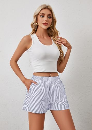 Image of Ythomm Womens Lounge Shorts Y2k Striped Print Elastic Waist Pajama Shorts Cute Boxers Bottoms With Pockets Comfy Sleepwear, X-Large, White-blue