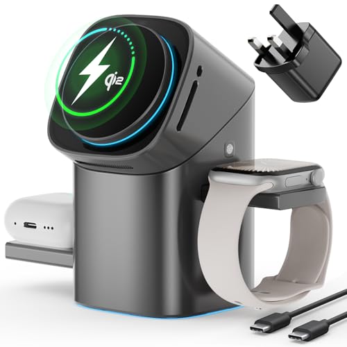 3-in-1 Wireless Charging Station, 15W Fast Mag-safe Charger Stand with 180° Rotatable & Retractable Design for iPhone 16/15/14/AirPods Pro/Apple Watch, with Lights & Cooling Fan(Includes 30W Adapter)