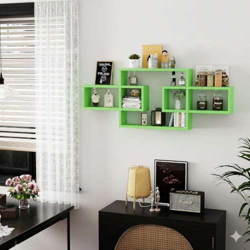 Image of Wooden Wall Shelves for Living Room, Bedroom Wall Mounted Rectangle Bookcase, Intersecting Wall Shelves for Storage Modern Decorative Display Shelves for Wall Decor (Green)