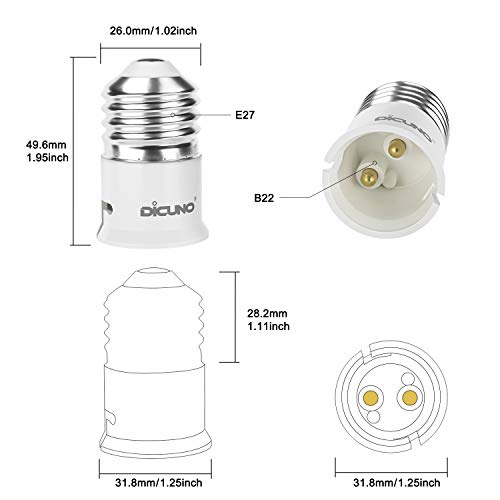 DiCUNO E27 to B22 Socket Converter - Screw to Bayonet Adapter (ES to BC) for LED, Incandescent and CFL Bulbs (6 Pack)