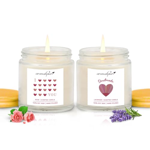 Image of Aromahpure Valentines Scented Candles Gift Set for Girlfriend & Boyfriend | I Love You (Rose) & Soulmate (Lavender) Fragrances | Burns Upto 50hrs Soy Wax Candle Jar | Candles for Home Decor