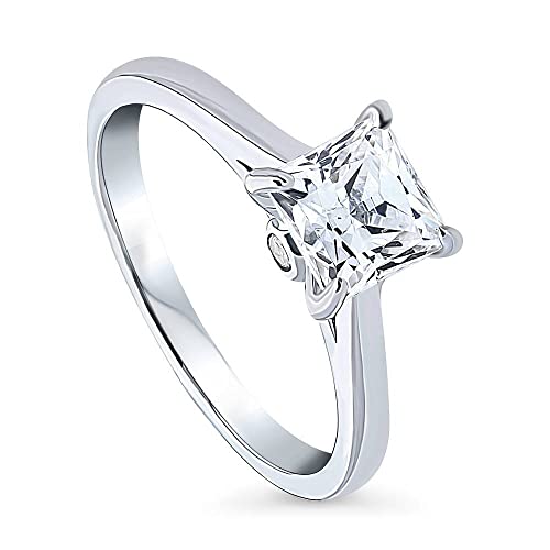BERRICLE Sterling Silver Solitaire Wedding Engagement Promise Rings for Her, 1.2 Carat Princess Cut Cubic Zirconia CZ Ring