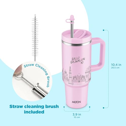 Image of MILTON Malmo 1200 Thermosteel Double Wall Vacuum Insulated Stainless Steel Tumbler with Handle 1100ml, Travel Mug with Straw,Silicon Cap,Cleaning Brush,Hot & Cold Beverage Flask,Delhi Pink