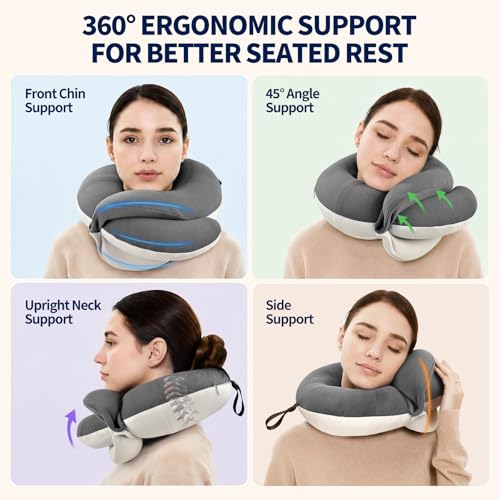 Image of BUYUE Travel Neck Pillows for Airplanes, Memory Foam 360 Head Support Sleep for Long Flight, Skin-Friendly & Breathable, Kit with Eye Mask, Earplugs and Storage Bag (Adult, Grey, 90+ lbs)