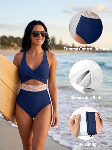 Image of B2prity Women's One Piece Swimsuit Tummy Control High Waisted Bathing Suit | Color Block,Removable Soft Cups,Cutout,V neck,Full Coverage,Adjustable Criss Cross Straps,Tie Back
