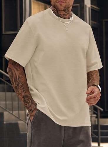 Mens Casual Fitness Top Short Sleeve Hombre Camiseta Stretch Cotton Crewneck Oversized Gym Thick Baggy Hiphop Cool Tee Khaki XL2
