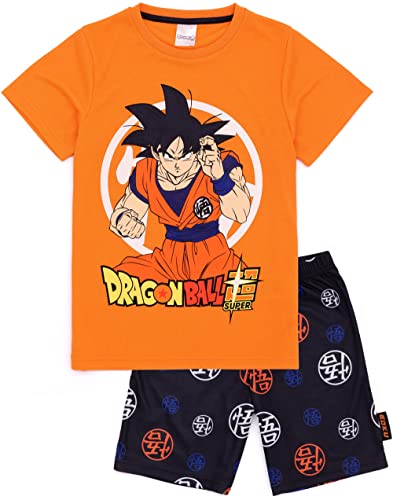 Dragon Ball Z Kids Pyjama Set | Boys Orange Short Sleeve Goku T-Shirt with All Over Print Warrior Symbol Black Shorts