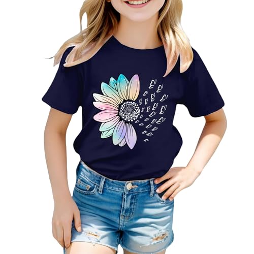 Girls Loose Fit Sunflower Graphic T Shirts Short Sleeve Crewneck Cute Pattern Printed Tops (A-Dark Blue, 10-11 Years)4