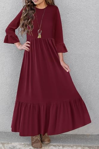 HOSIKA Girls Maxi Dress Crew Neck A-line Loose Flowy Tiered Holiday Casual Dresses with Pockets for 6-12 Y4