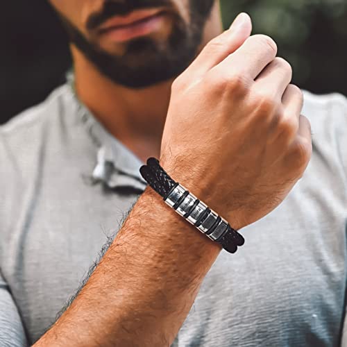 Bandmax Custom Engraving Beads Bracelet For Dad Daughter Son Family Name Engraved Bracelet Black Leather Cuff Bracelet With Customized Beads Gift For Father's Day #TOP1