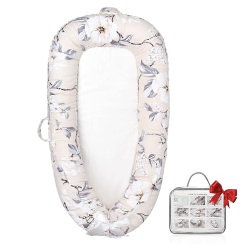 Image of JOCUTE Baby Lounger,100% Soft Breathable, Portable Canvas Newborn Lounger Infant Floor Seat Cushion for Travel, Tummy Time, Newborn Must Have Essentials Baby Shower Registry Search(Flower)