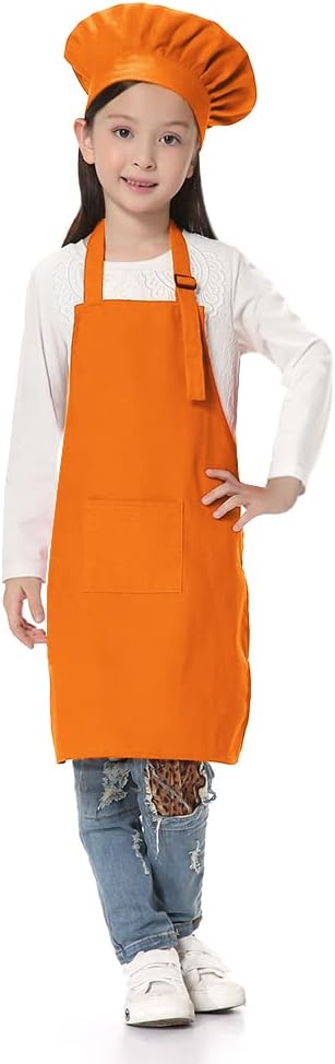 TopTie Kids Apron and Chef Hat Set, Adjustable Cotton Child Cooking Kitchen Apron, S-XXL