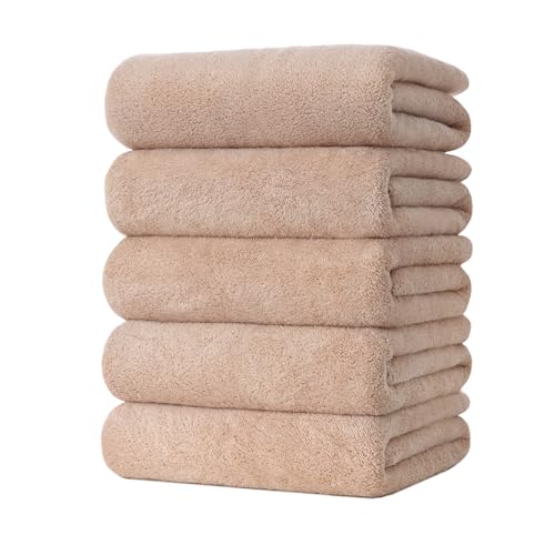 バスタオル 大判 5枚セット タオル マイクロファイバー 約60×120cm 吸水はやい ふわふわ 肌に優しい 柔らかい 抗菌防臭 毛羽落ちしない 風呂上がり 家庭用 プレゼント (ベージュ)