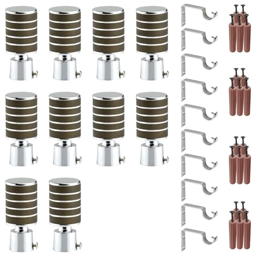 Image of GRIVAN Stainless Steel Wooden Finish Curtain Bracket Parda Holder with Support 1 Inch Rod Pocket Finials Designer Door and Window Rod Support Fittings, Curtain Rod Holder (Wooden Finsh Pair of 5)