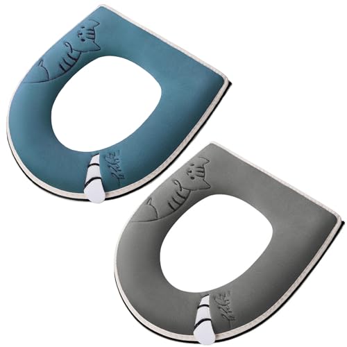 2 PCS Warm Plush Thicken Toilet Seat Cover Pads Mat with Handle and Zipper Washable Soft Toilet Seat Cover Pads for Autumn and Winte Home All Oval Toilet Seats Soft Thicker(Grey+Blue)
