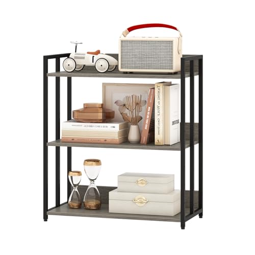 HOMASIS Bücherregal mit 3 Ebenen, industrielles Standregal mit verstellbaren Regalboden & Metallrahmen, Aufbewahrungsregal Gewürzregal Küchenregal Leiterregal für Wohnzimmer Küche Büro (Grau)