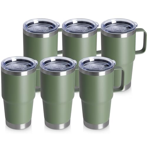 20oz Tumbler Bulk with Lid, Stainless Steel Tumbler Bulk with Handle, Metal Insulated Travel Coffee Mug Set with Handle, Double Wall Vacuum Leak Proof Tumbler Cup, Amy Green 6 Pack