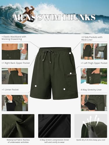 INCERUN Mens Bathing Suit Swimsuit Quick Dry Board Shorts Swimwear 2 in 1 Swimming Shorts Waterproof Summer Beach Shorts with Zipper Pocket Swim Trunks with Compression Liner Army Green Medium — view 4
