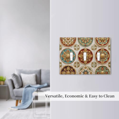 Boho Luxury Gold Embossed Moroccan Tile Print Decorative Switch Plates 3 Gang Wall Plate Triple Toggle Light Switch Cover Faceplate Electrical Wall Panels for Bathroom Kitchen Decor by Rcaryponeatra - Used condition - Image 7