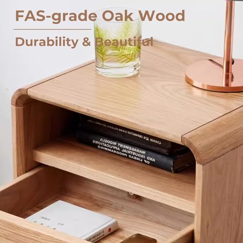 Bamskov 100% Solid Oak Wood Nightstand with Drawer & Storage Shelf - Practical Mid Century Modern Nightstand for Bedroom, Dormitory (23.23 inch, Natural)