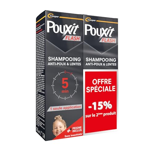 Pouxit - Flash - Champú antipiojos y liendres - Actúa en 1 aplicación de solo 5 minutos - Tratamiento de piel Cabello - Lote de 2 - 2 x 100 ml