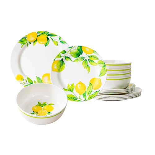 Unbreakable Lemon Melamine Dinnerware Set - 12 Pieces Melamine Bowl And Plates Set, Break Resistant, Lightweight, Dinnerware for Indoors and Outdoors, Dishes for Party Picnic Summer, Multicolor