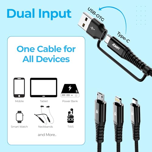 Image of Foxin MAC05 Dual Input 20W 3 in 1 /6 in 1 Nylon Braided 1.5mt 4 Amp Multipurpose Parallel Fast Charging Cable | Universally Compatible, USB & Type C Input | Type C, 8 Pin, Micro Output | Made in India