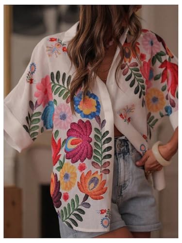 GORGLITTER Women's Fall Western Shirts Floral Oversized Button Down Blouses Short Sleeve Collared Boho Tops4