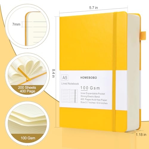 HOMEBOBO Journals for Writing, A5 Leather Ruled Notebook with 400 Pages, 100 Gms College Ruled Journal with Thick Paper, Hardcover with Inner Pocket & Pen Holder, Dark Green