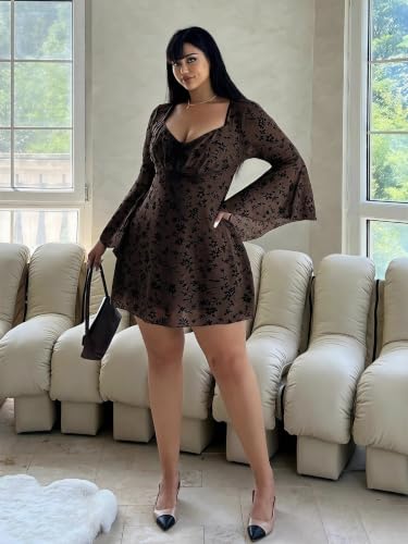 Image of Floerns Women's Plus Size Floral Gothic Dress Flare Long Sleeve Mesh Grunge A Line Dress