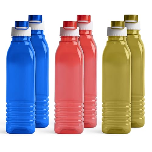 HW Kitchen Plastic Water Bottle I Water Bottle 1 Ltr | Ideal For Kitchen Home Office Travel Small Fridge For Room Gym| Unbreakable & Leak Proof I BPA Free | Set Of 6 Water Bottles, Assorted