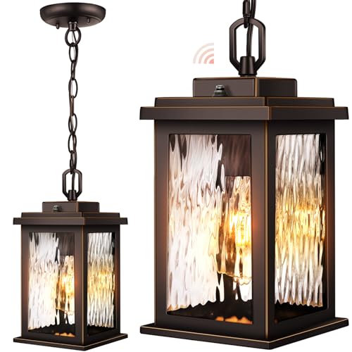 Image of Gleamz Dusk to Dawn Outdoor Pendant Light with Adjustable Chain, Bronze | Oil Rubbed Bronze(Gold Trim), Aluminum Hanging Porch Light , Outdoor Chandelier for Porch, Driveway, Patio, Easy Installation