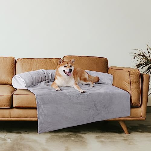 Woyyho Plush Dog Couch Bed For Large Dogs Pet Sofa Bed Mat For Furniture Protector With Removable Washable Cover And Leather Pillow Pet Couch Cover For Medium Small Dogs Cats Grey L(41 * 37 * 6 In) #TOP23
